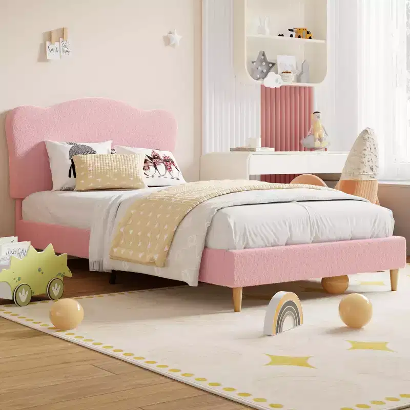 Upholstered Twin Size Bed Frame for Kids with Scallop Headboard, Cute Velvet Twin Bed for Girls, Boys, Sturdy Platform Bed, Pink