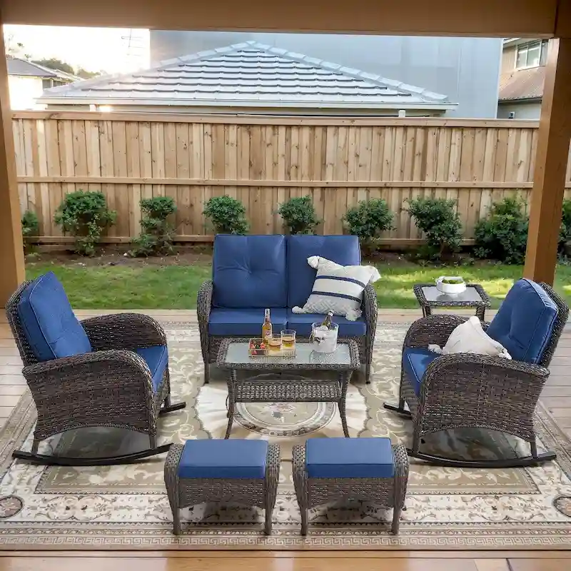 2 Rocker Glider Chairs with Rattan Sofa Table - Brown