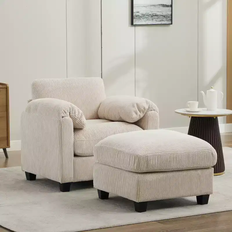 HYLEORY Single Armchair with Ottoman, Modern Corduroy Cloud Couch with Convertible Chaise, Upholstered Sofa Set for Living Room and Office