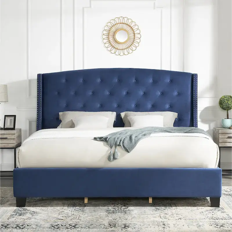 Wingback Tufted Upholstered Bed with Nailhead Trim