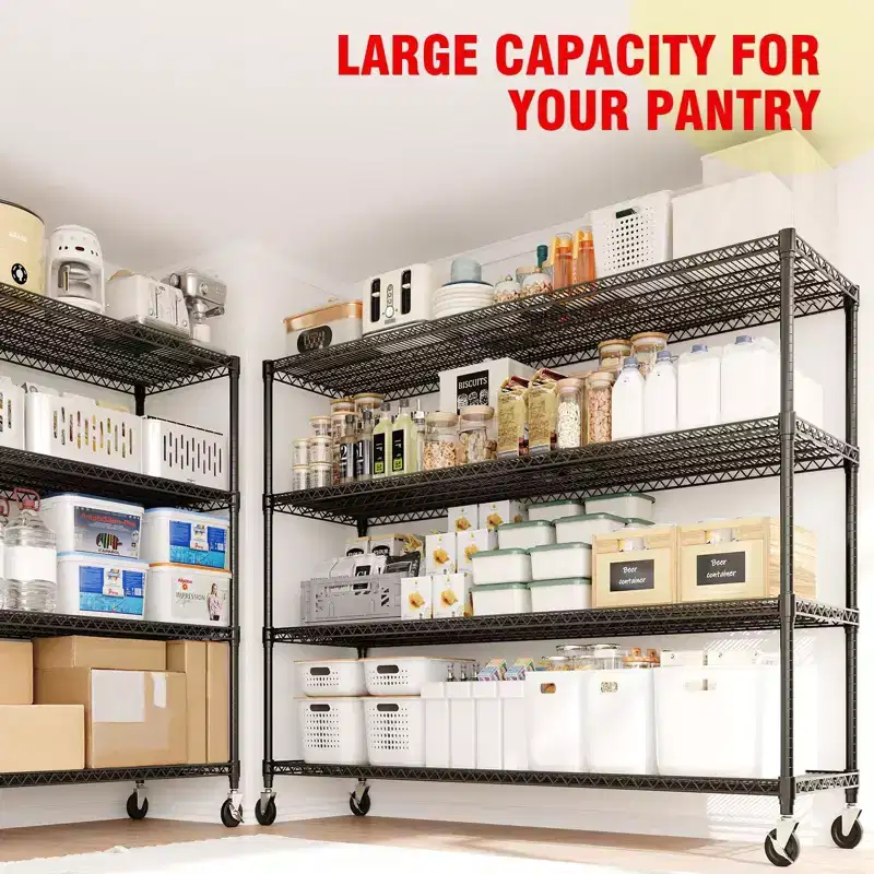 74H Heavy Duty Metal Shelving Unit, 4-Tier Industrial Wire Rack with Wheels, Adjustable Garage Storage