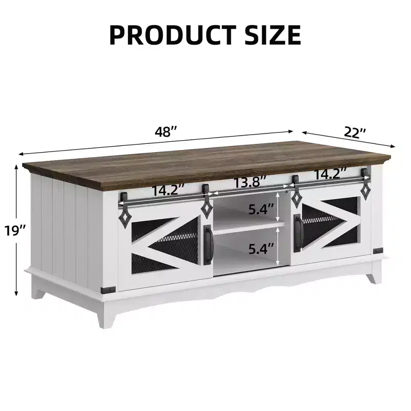 48 Farmhouse Coffee Table, Rectangular Center Table with Sliding Doors & Adjustable Shelves for Living Room, White/Walnut