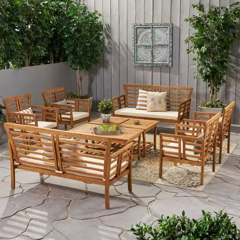 Christopher Knight Home Caydon Outdoor Acacia Wood 8 Seater Chat Set with Cushions