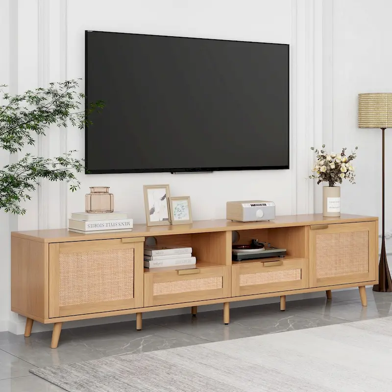 Wood Rattan Farmhouse TV Stand with 2 Cabinets, 2 Open Shelves and Solid Wood Legs for 1 Person, Fits TVs up to 85