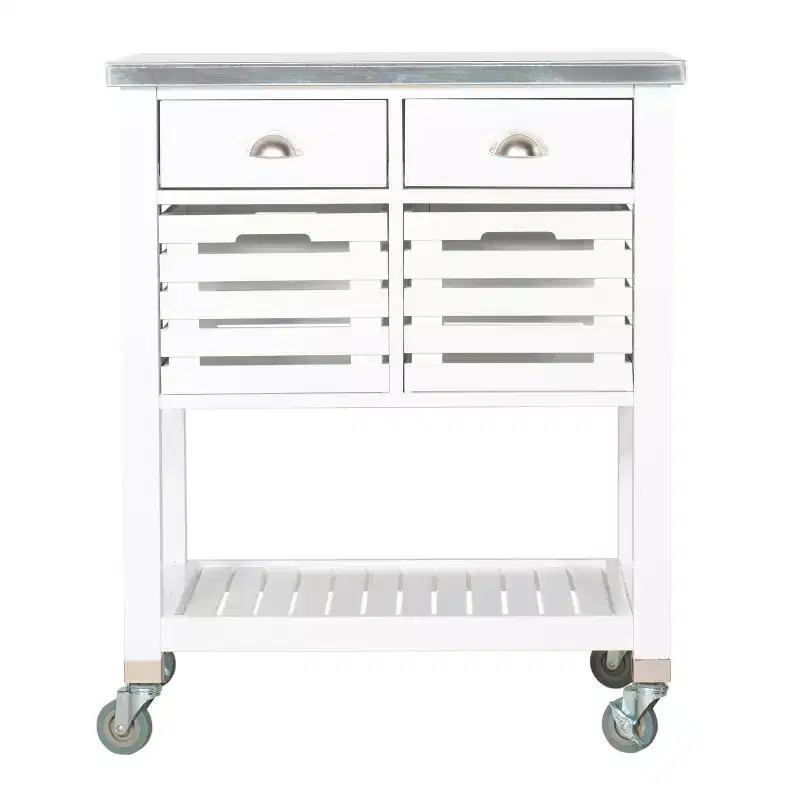 Wood Kitchen Cart with Stainless Steel Top, 2 Drawers & Open Shelf