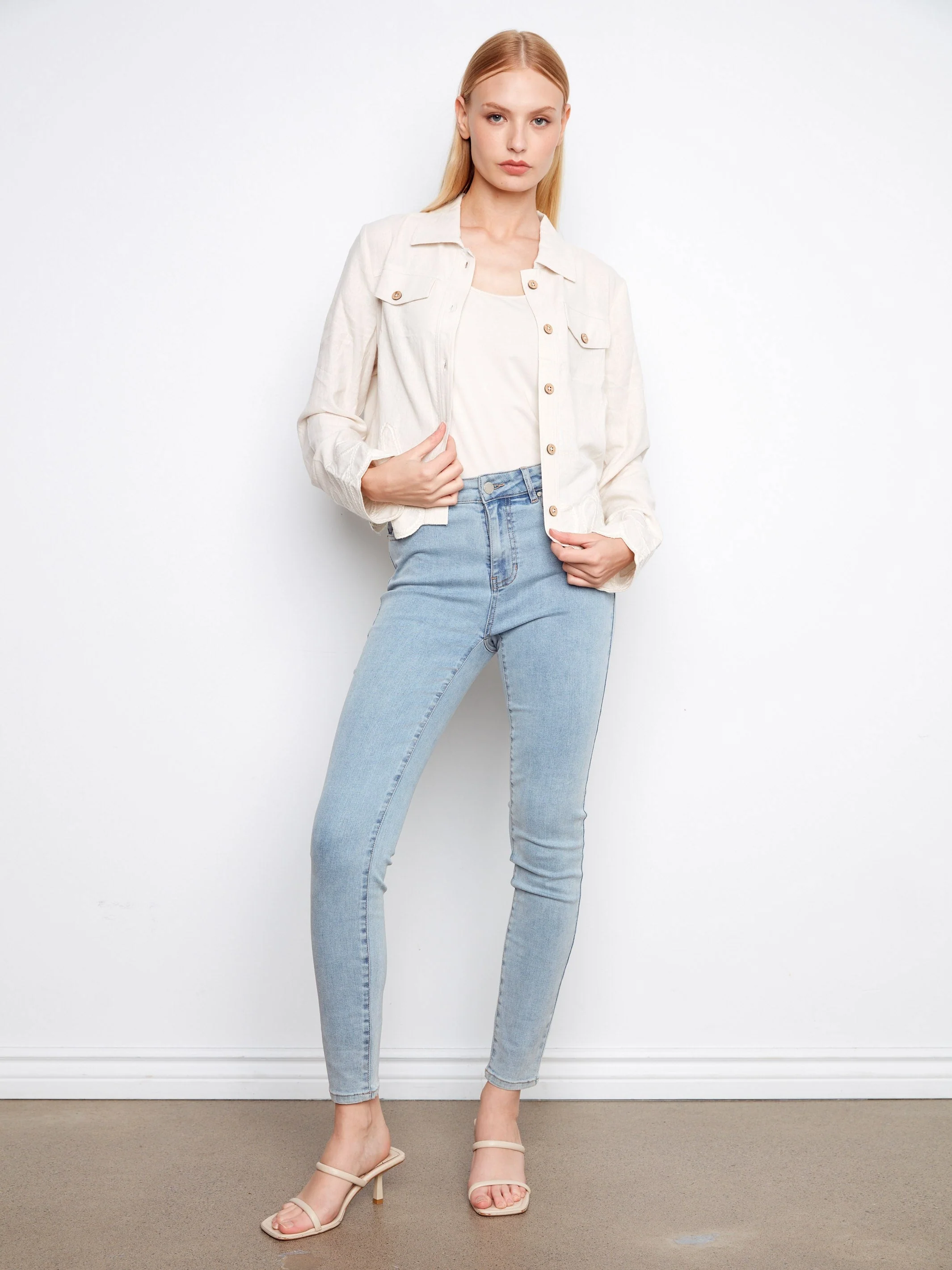 Embroidered Hem Linen Blend Jacket - Natural
