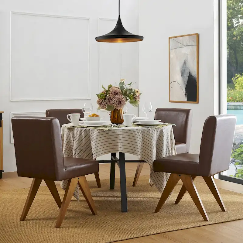 Faux Leather Upholstered Dining Chairs with V-Shaped Wood Legs