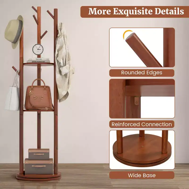 Freestanding 360° Rotary Wooden Coat Rack with 3 Shelves & 9 Hooks