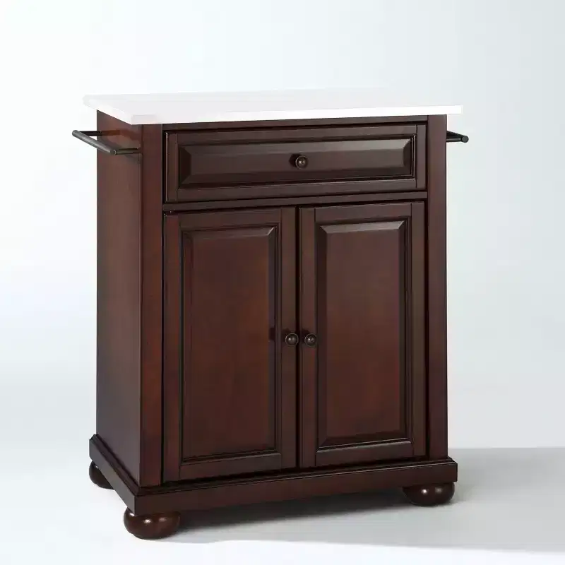 Alexandria Stone Top Portable Kitchen Island/Cart Mahogany/White - Crosley: MDF Frame, Stone Surface, Towel Bar, 2 Doors