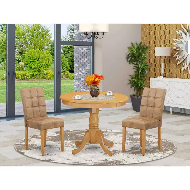 Round Dining Table Set with 2 Chairs - Modern Oak Dining Room Table Set