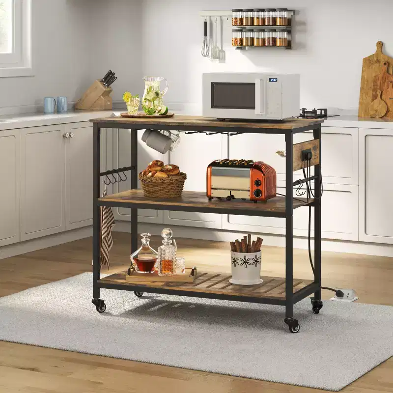 Rolling Kitchen Island with Charging Station – Rustic Brown / Taupe Wood