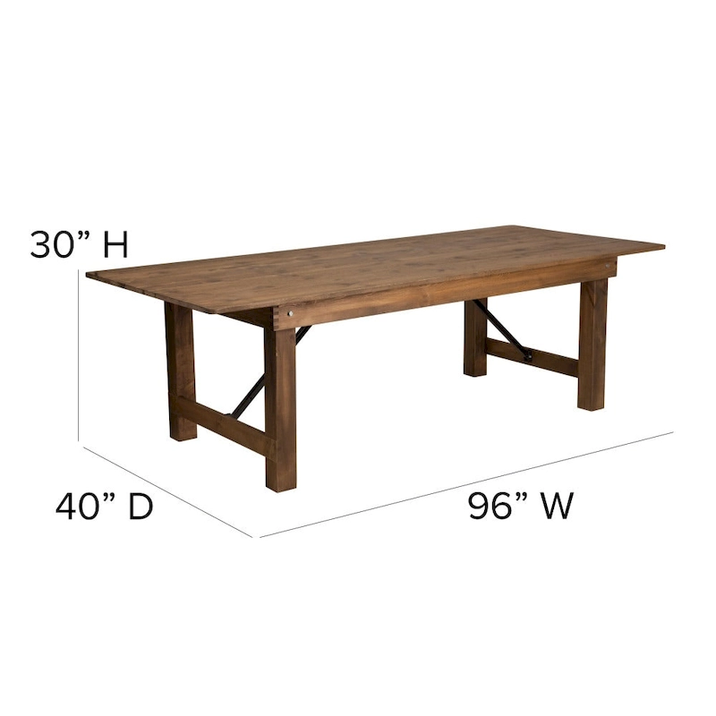 8' x 40 Rustic Folding Farm Table Set with 8 Cross Back Chairs and Cushions