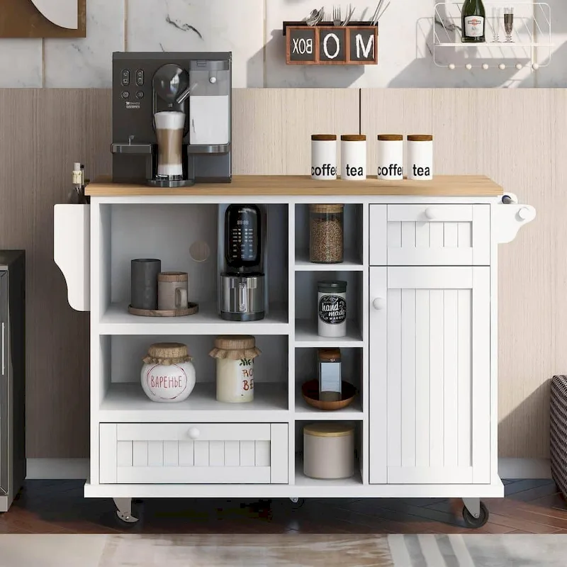 Kitchen Island Cart with Wood Top and Open Storage Microwave Oven Cabinet