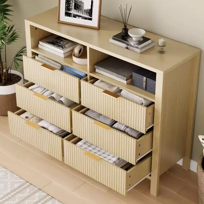 6 Drawer Dresser for Bedroom, Farmhouse Chest of Drawers with 2 Open Shelves and Fluted Doors for Living Room, Entryway
