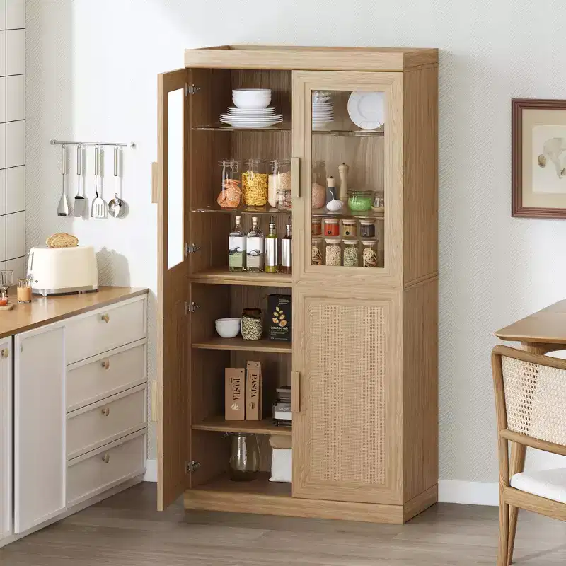 62 Solid Wood Pantry Cabinet with Adjustable Shelves and Glass Door