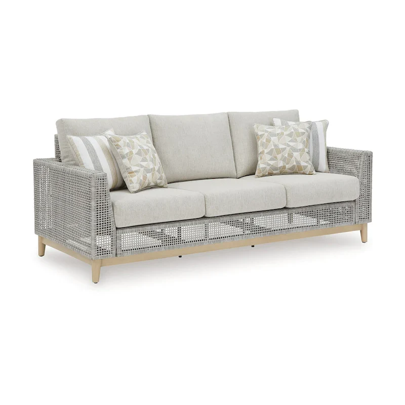 Yami 83 Inch Outdoor Sofa, 4 Accent Throw Pillows, Gray Resin Wicker