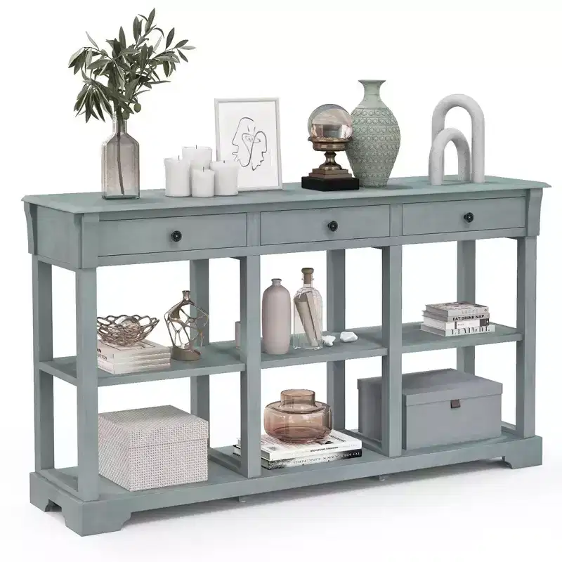 58'' Long Sofa Table with Storage Retro Console Table with 3 Drawers & Open Shelves Blue/White