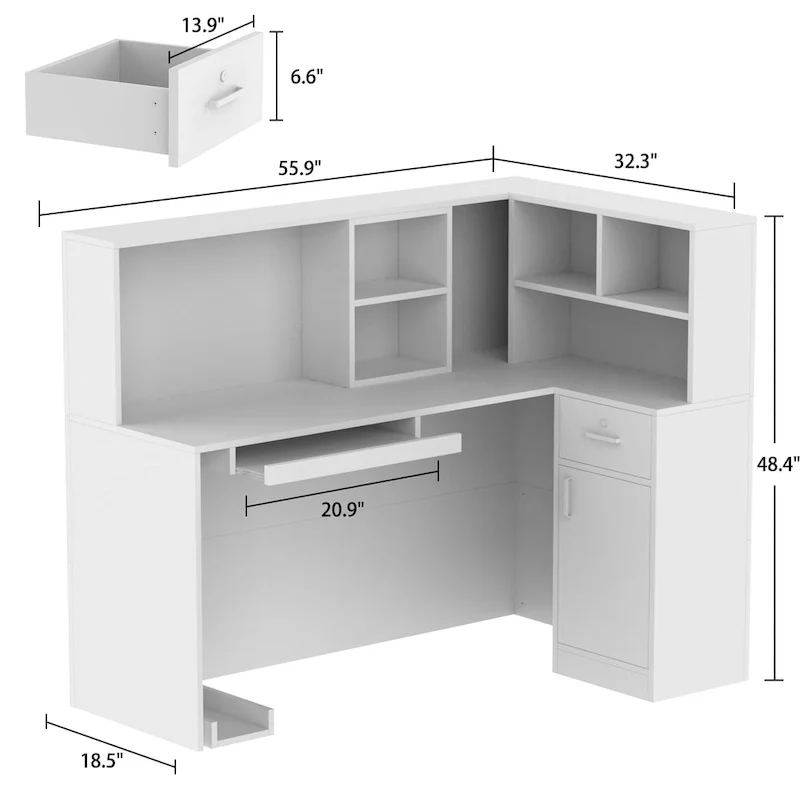 Timechee 55.9W 48.4H L-Shape Wood Reception Desk Drawer With Lock