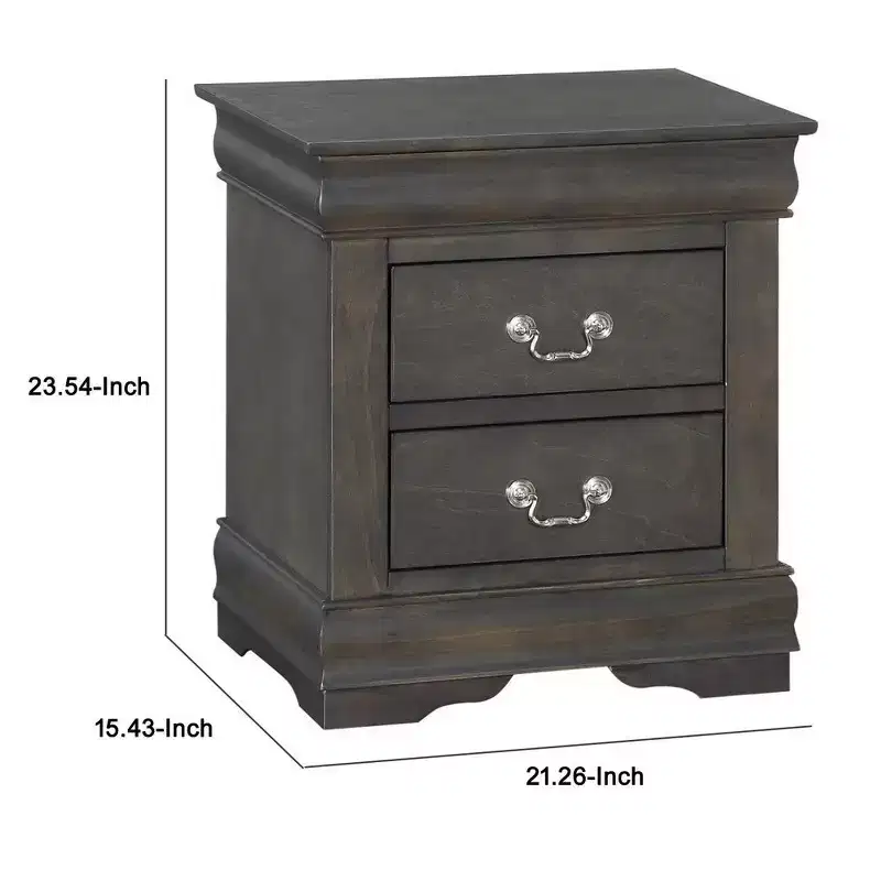 Royal Hampton Traditional Style Wooden Nightstand with Two Drawers and Metal Handles, Dark Gray