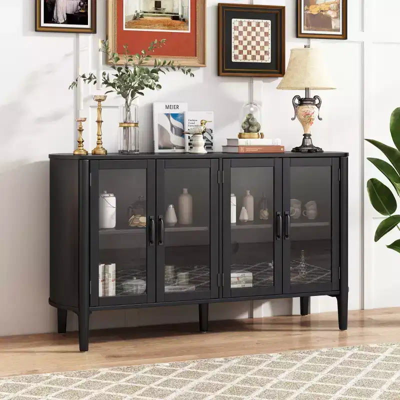 58'' Mid-Century Modern Storage Cabinet with 4 Glass Doors and Adjustable Shelves