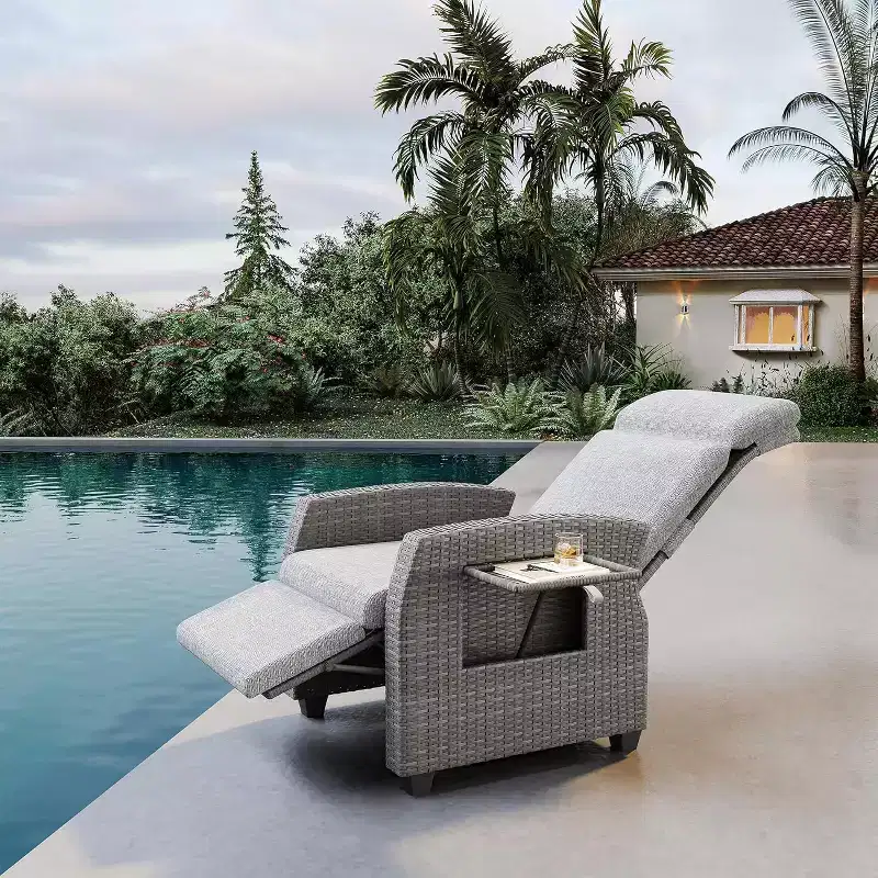 Patio Recliner Chair, Adjustable Back Footrest PE Wicker Weather Resistant with Flip Up Table Air Pump