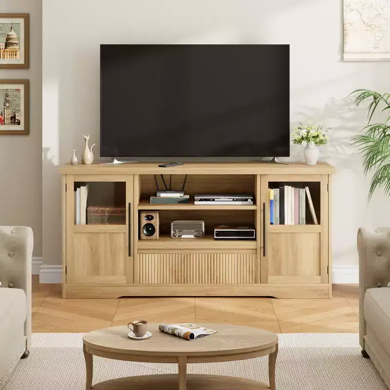 TV Stand Fits TV up to 72'', Wave Pattern Entertainment Center with 2 Glass Door Cabinets, TV Media Console with 2 Open Doors (Natural)