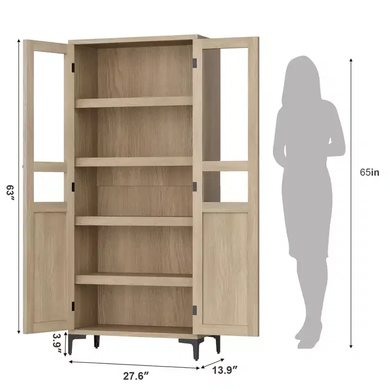 GustoWave 63 Inch Tall Storage Cabinet with Glass Doors, Kitchen Pantry 5 Tier Bathroom Cabinet Adjustable Shelves for Kitchen, Dining Room, Bathroom