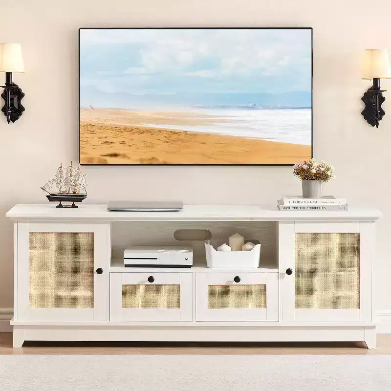 Rattan TV Stand for 70 Inch TV, TV Console with 2 Cabinets & Adjustable Shelf, Modern TV Stand with Storage, Media Console Cabinet