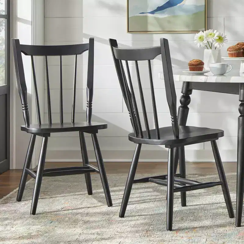 Lifestorey Set of 2 Suzanne Modern Farmhouse Solid Wood Spindle Back Dining Chair Matte Black