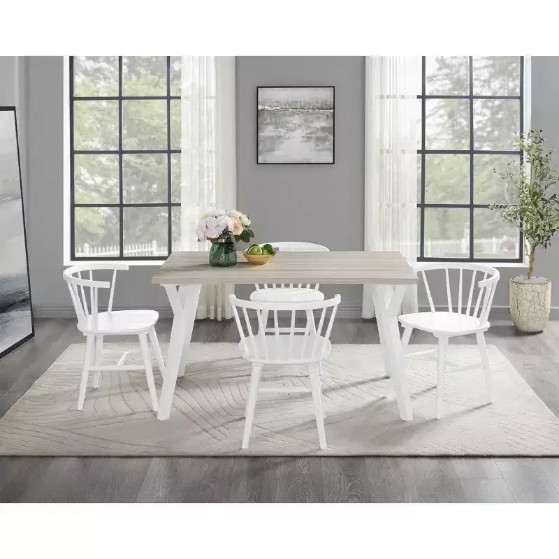 Alwynn White and Natural Wood 5-piece Dining Set, Dining Table with 4 Windsor Chairs