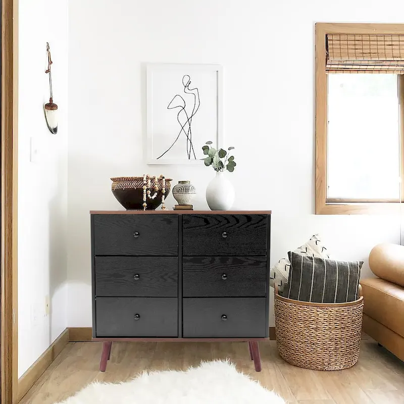 Black Manufactured Wood 6-Drawer Accent Chest with Brown Accents