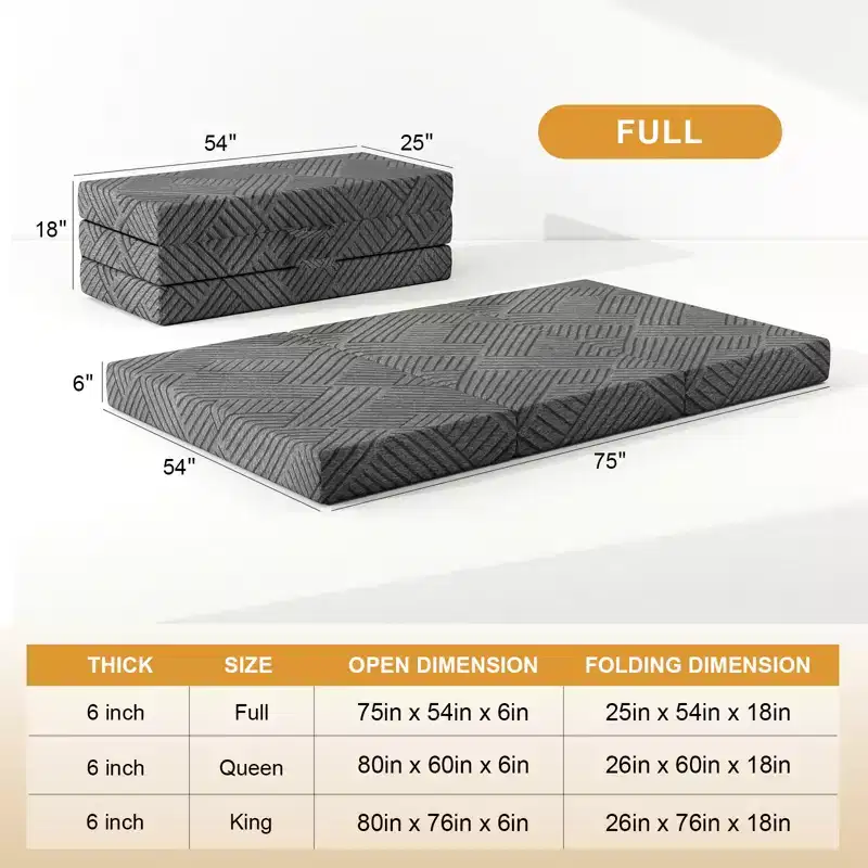 6 Inch Tri-Fold Memory Foam Mattress with Washable Cover/Storage Bag/Handle, Grey Foldable Mattress for Guest Bed/Dorm/Camping