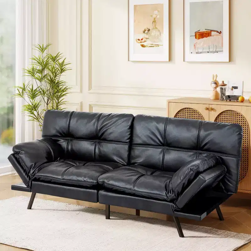 Dyonery 71 Faux Leather Convertible Futon Sofa Bed with Adjustable Backrest & Armrests, Comfy Loveseat Sleeper Couch for Compact Spaces