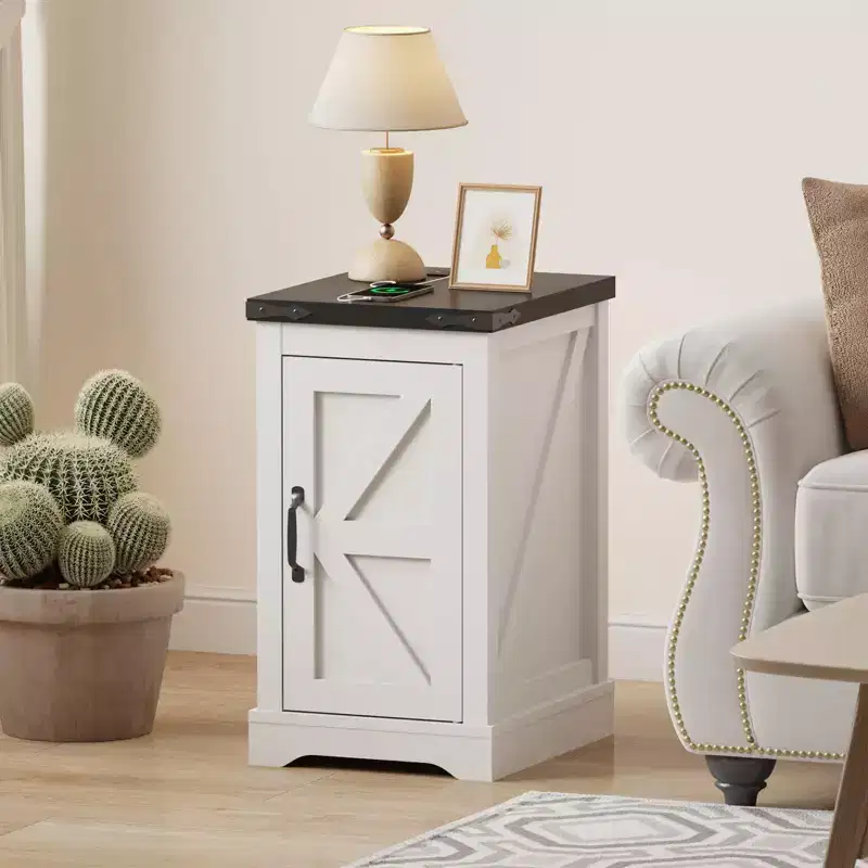 Farmhouse End Table, Adjustable Shelf, Cable Management | Convenient Power End Table for Bedroom, Living Room