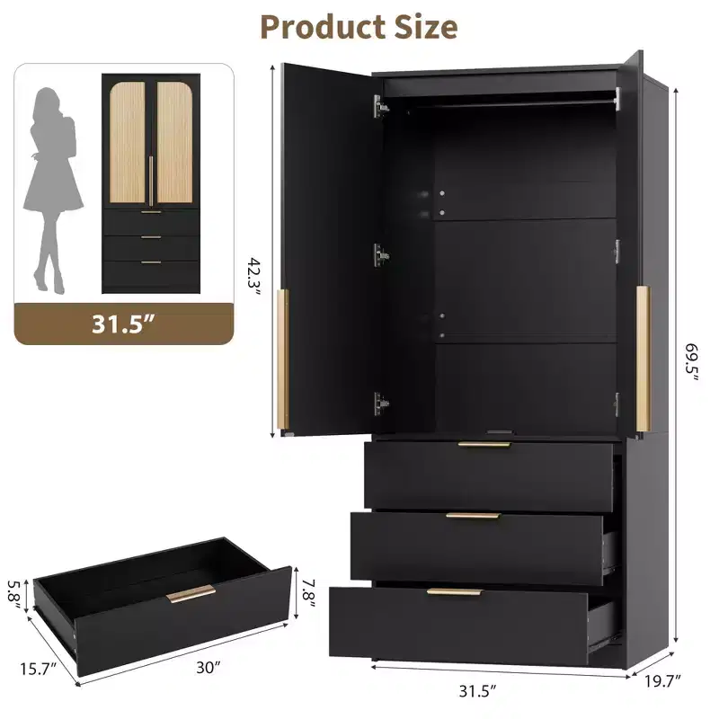 Rattan Armoire Wardrobe Closet with 3 Drawers and 2 Doors, Modern Wooden Wardrobe Cabinets, Tall Standing Bedroom Armoires, Heavy Duty