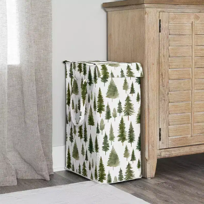 Foldable Laundry Hamper with Handles, Woodland Pine Tree Print, Green and White