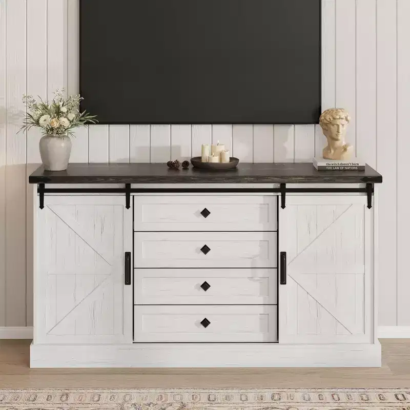 Farmhouse Sideboard with 4 Drawers and Sliding Barn Doors, 59 Inch Wide Buffet Cabinet for Dining Room and Living Room