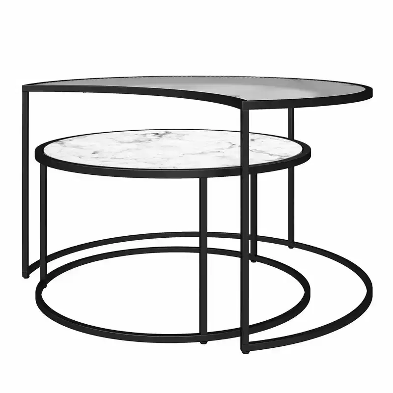 Black Metal Frame Nesting Coffee Tables, Fluted Glass & Faux Marble, 2-Piece Set