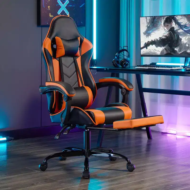 MAYEERTY Gaming Chair with Footrest, Ergonomic Computer Chair with Headrest and Lumbar Support, Height Adjustable Video Game Chairs Black Orange