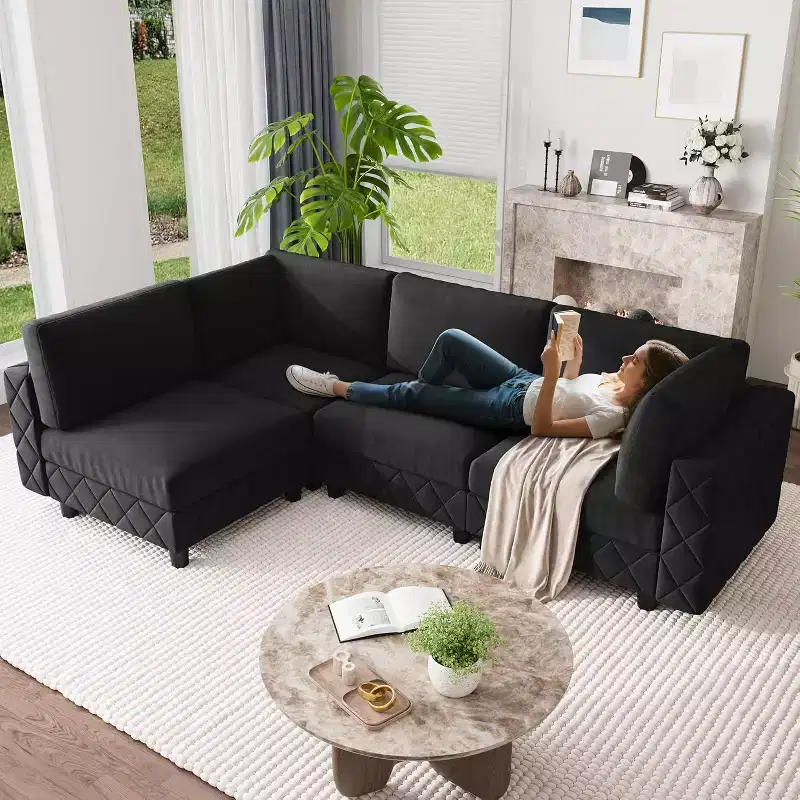 Acekool 134 Modular Sectional Sofa, 4-Seat L-Shaped Velvet Couch with High-Density Cushions, Upholstered Cloud Sofa,Black