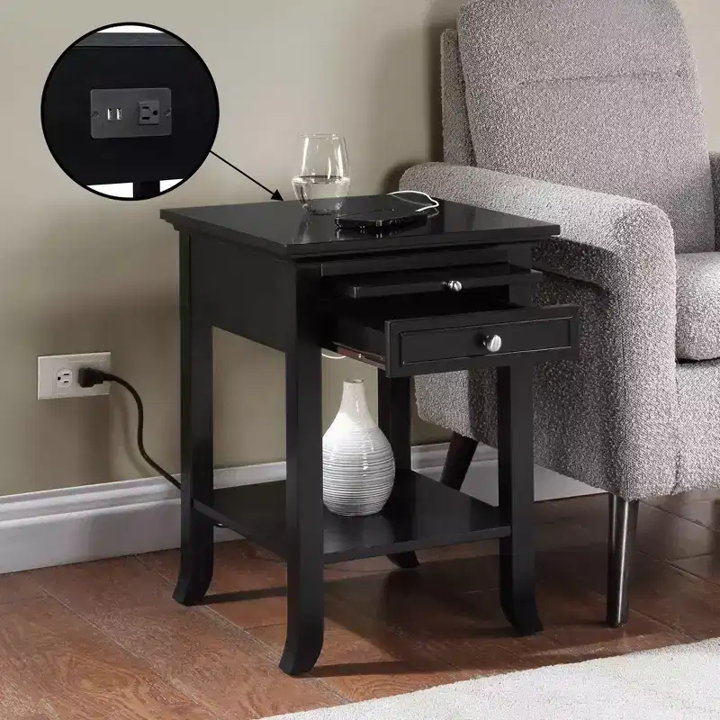 Breighton Home American Heritage Logan Single Drawer End Table with Charging Station and Pull-Out Shelf