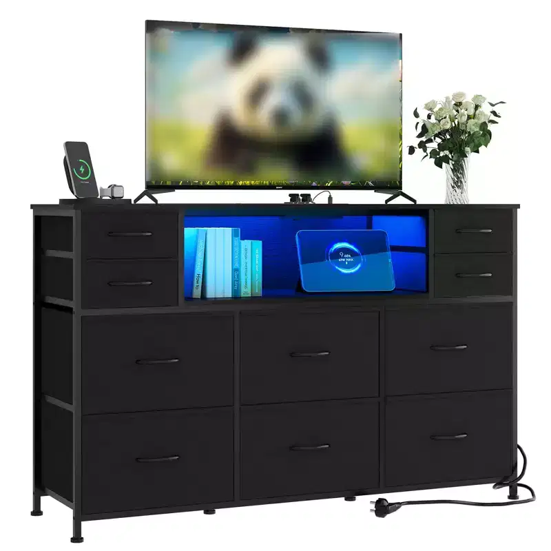 10 Fabric Drawers Dresser, Entertainment Center with Wood Top, Open Shelves, TV Stand for 40-55 TV, Chest of Drawers for Bedroom Living Room