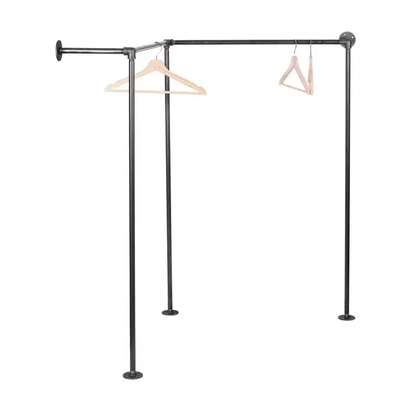 Wall and Floor Mounted Corner Clothing Rack, Industrial Steel Pipe