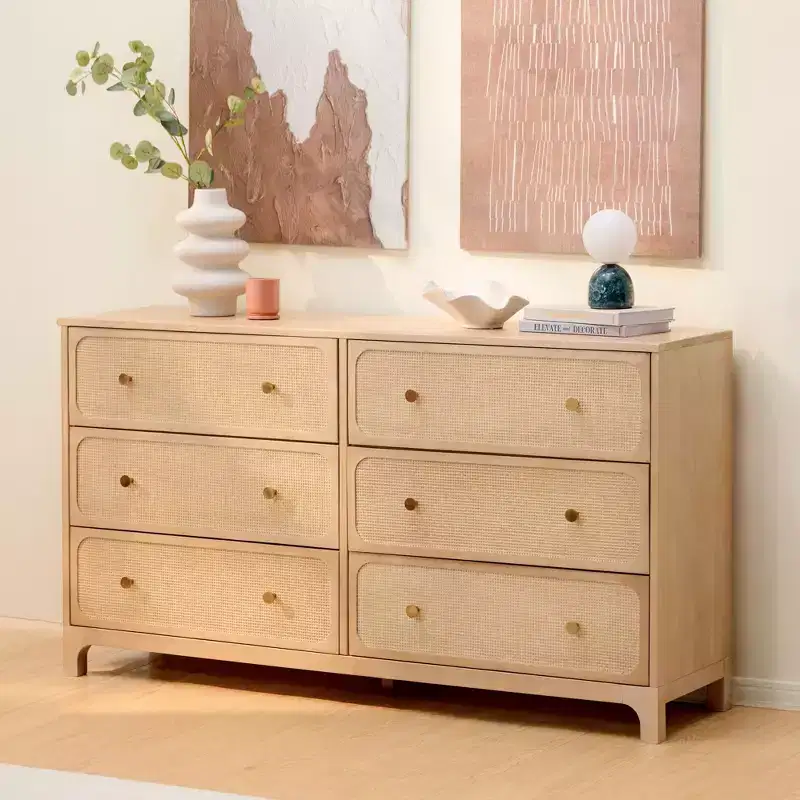 Rattan 6 Drawer Dresser with Brass Knobs - Solid Pine