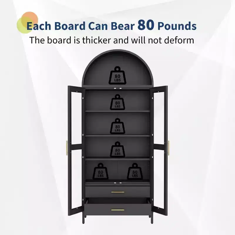 55 Tall Kitchen Pantry Cabinet, Arched Display with Glass Doors, 2 Drawers & Adjustable Shelves for Living, Dining Room