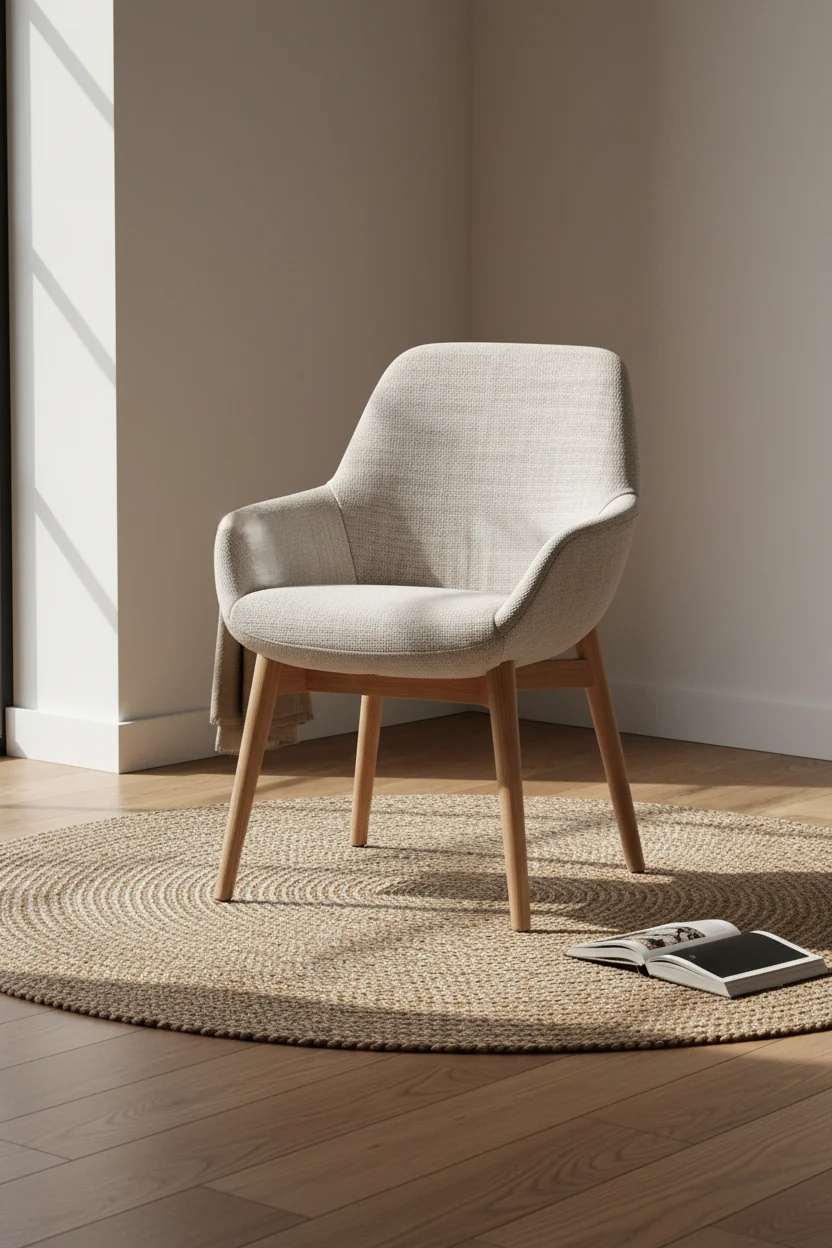 Contemporary Upholstered Dining Armchair with Tilted Backrest and Oak Base for Dining Rooms