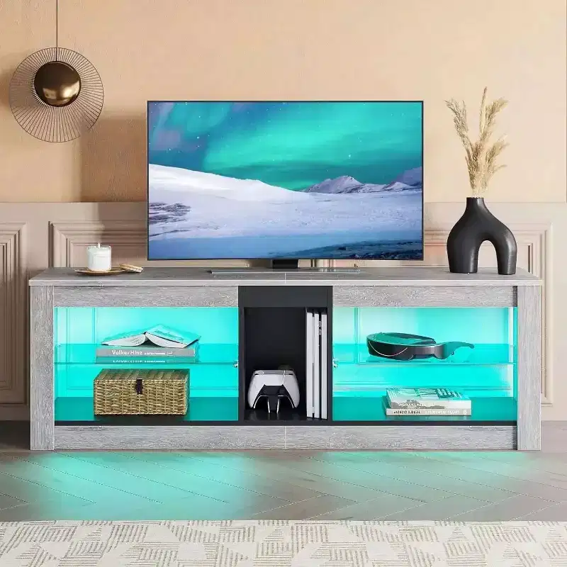 Particle Board TV Stand with Glass Shelves 18.5''H x 55.12''W x 13.78''D