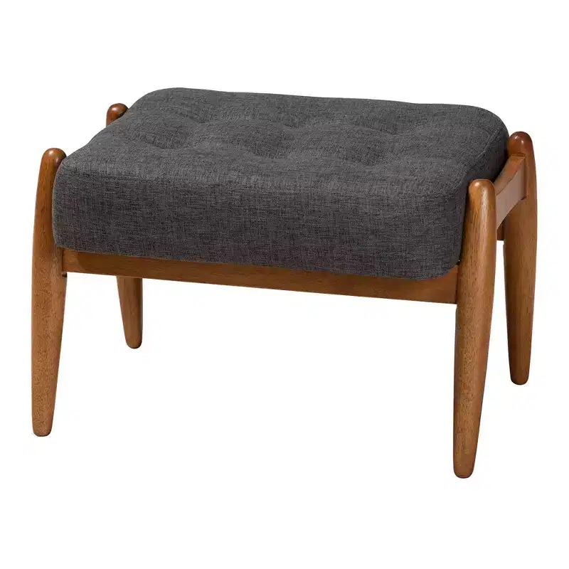 Button-Tufted Ottoman Footstool | Dark Gray & Walnut Brown