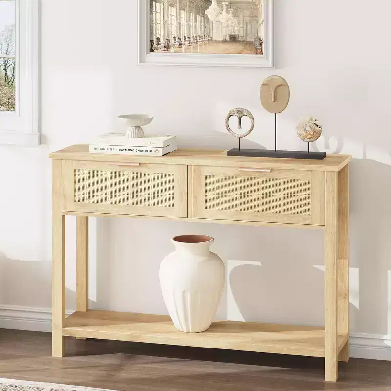 Rattan Console Table with 2 Drawers & 2 Tiers - Reclaimed Caramel Oak Entryway Sofa Table, Storage Hallway Foyer Table