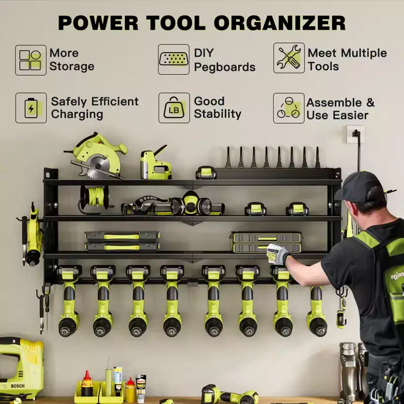 4-Tier Wall-Mount Power Tool Organizer, 8 Drill Holders, Steel, Adjustable Shelf, Pegboard, 6.56ft Cord, Red/Black/Yellow